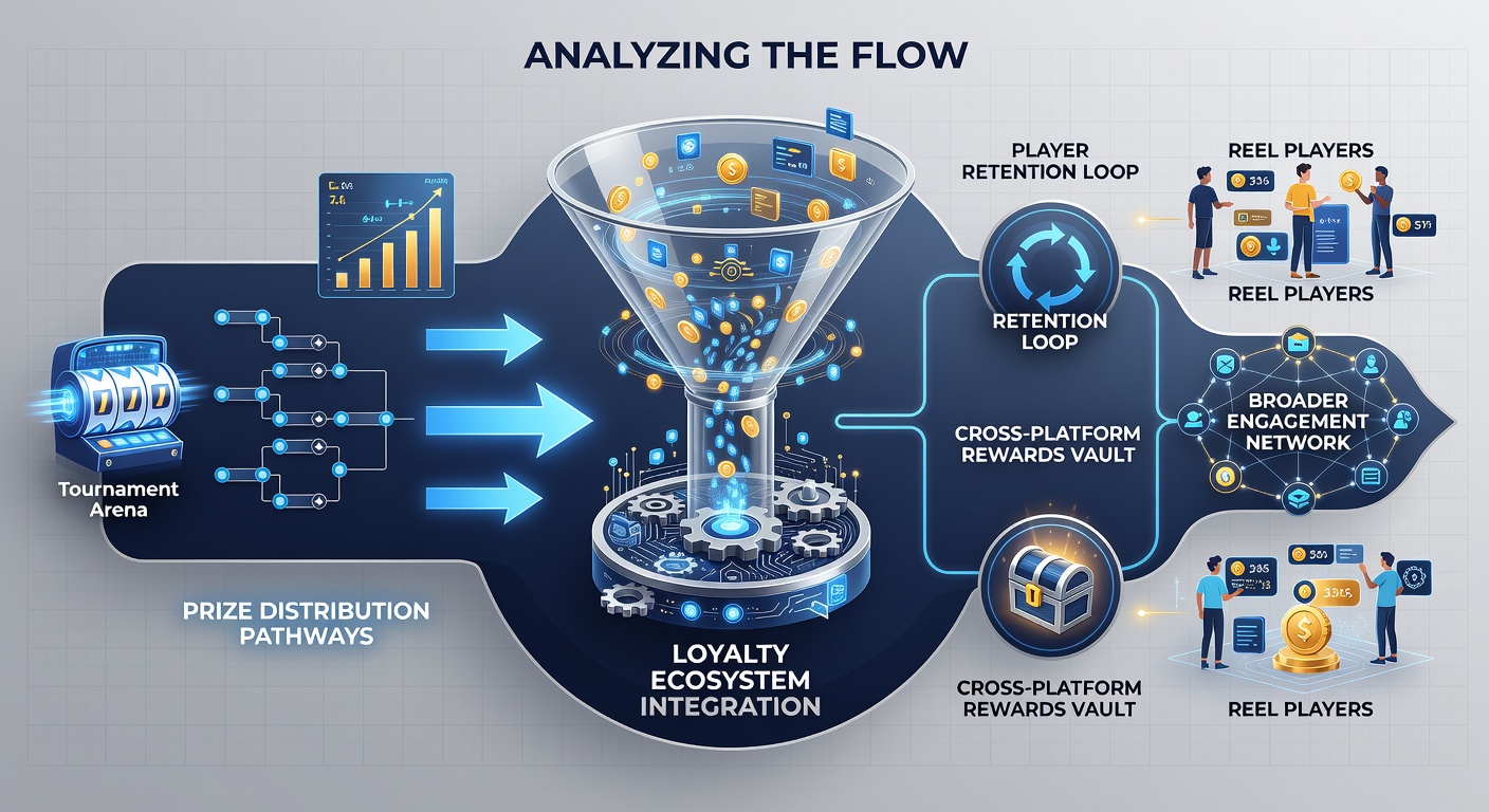Diagram showing tournament prize distribution flowing into loyalty program tiers for slot players