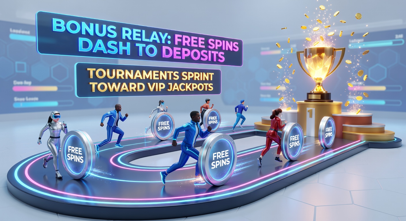 Dynamic graphic of runners in a relay race passing batons labeled 'Free Spins', 'Deposits', 'Tournaments', and 'VIP Jackpots', set against a backdrop of slot symbols and casino interfaces