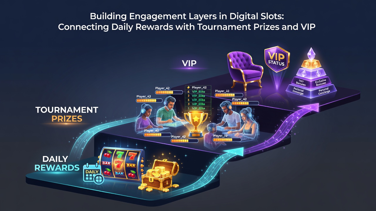 Illustration of connected slot reward layers including daily login bonuses feeding into tournament brackets and VIP tier escalations