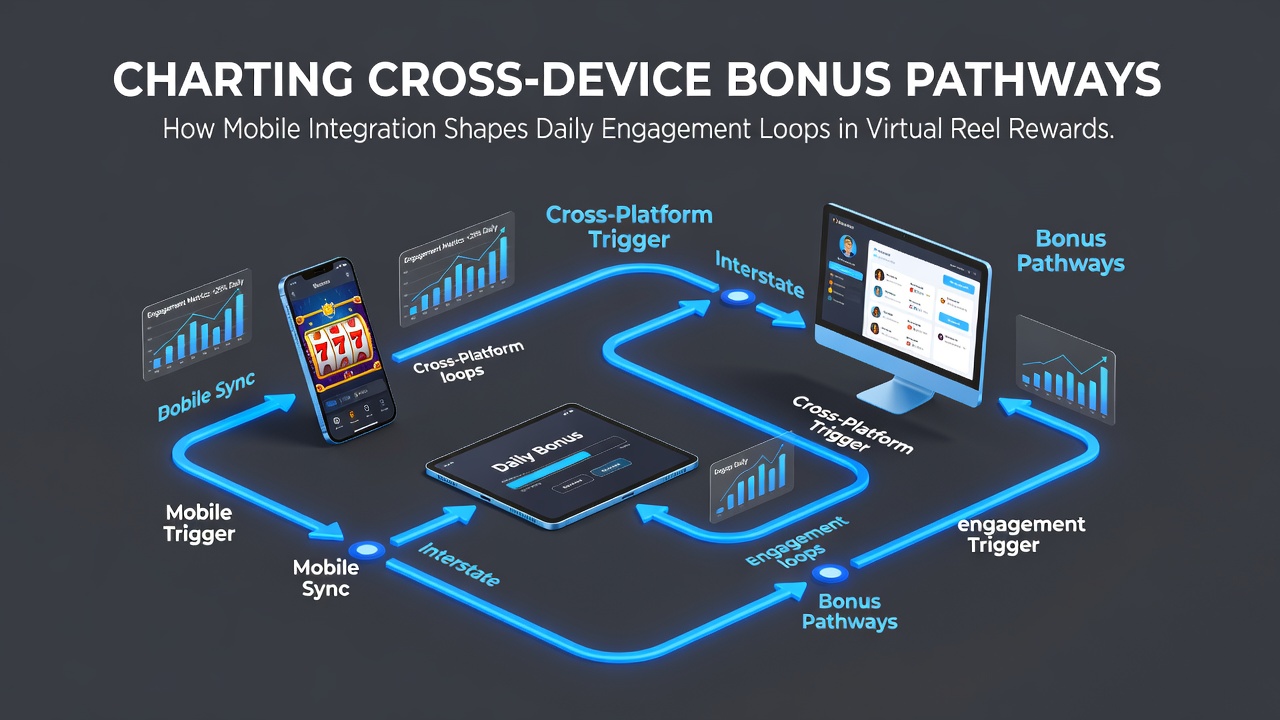 Illustration of cross-device bonus pathways showing mobile and desktop slot interfaces connected through reward loops
