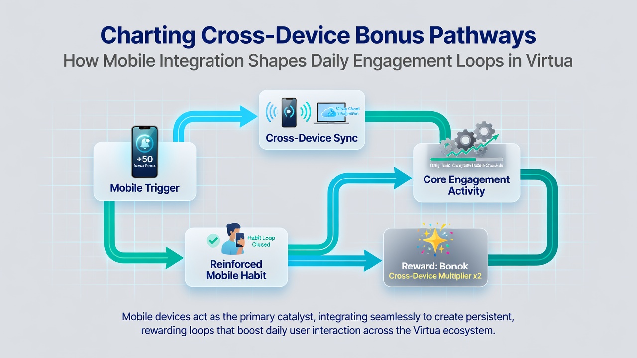 Diagram depicting daily engagement loops with mobile triggers feeding into cross-device reward accumulations