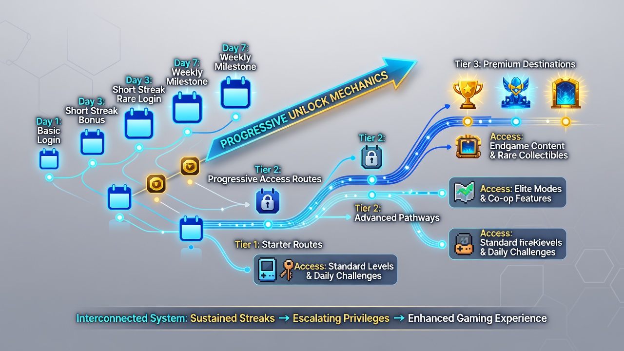 Analytics dashboard displaying interconnected streak and progression metrics for multiple mobile game titles