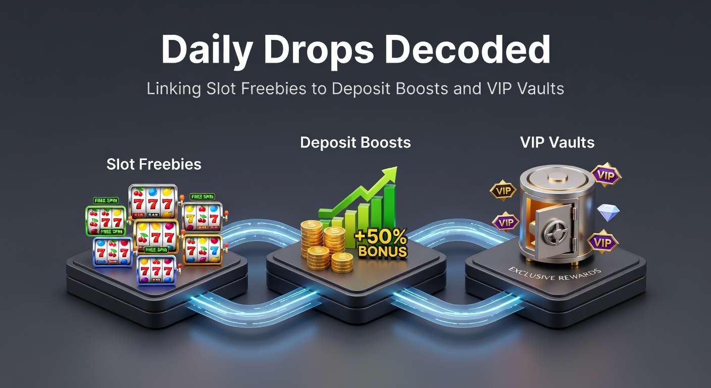 Vibrant slot machine display showing daily drop notifications and cascading bonus icons linking to deposit offers and VIP tiers