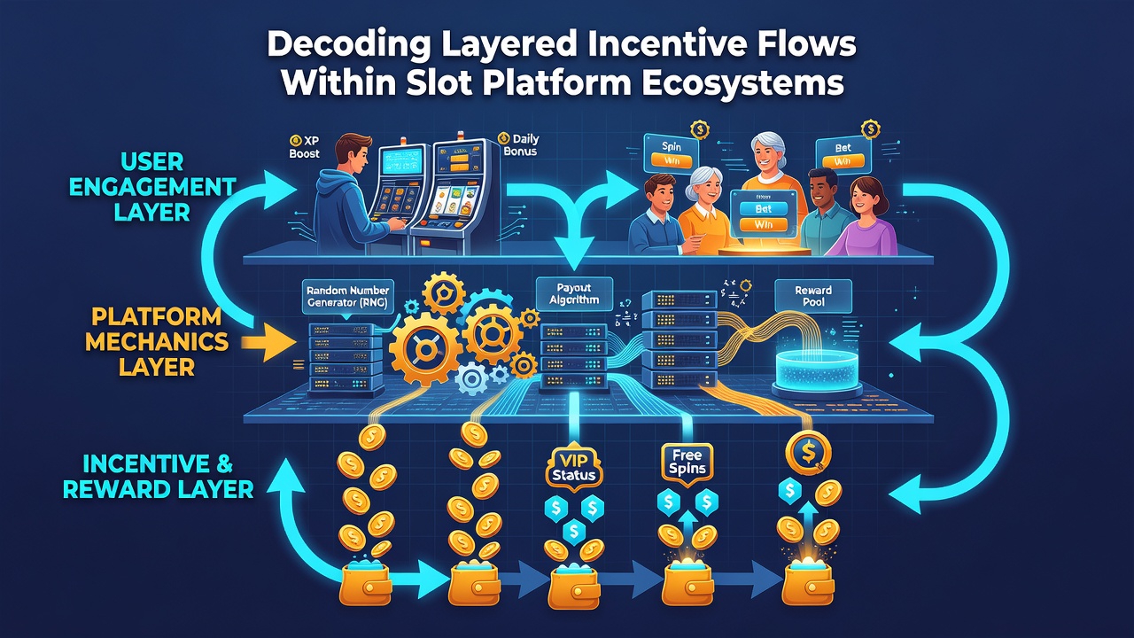 Flowchart illustrating layered rewards including tournaments, VIP escalators, and jackpot integrations in slot ecosystems