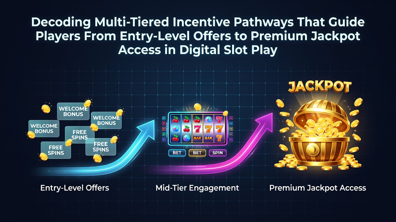 Visual diagram showing tiered incentive pathways in digital slot play from basic offers to premium jackpot access