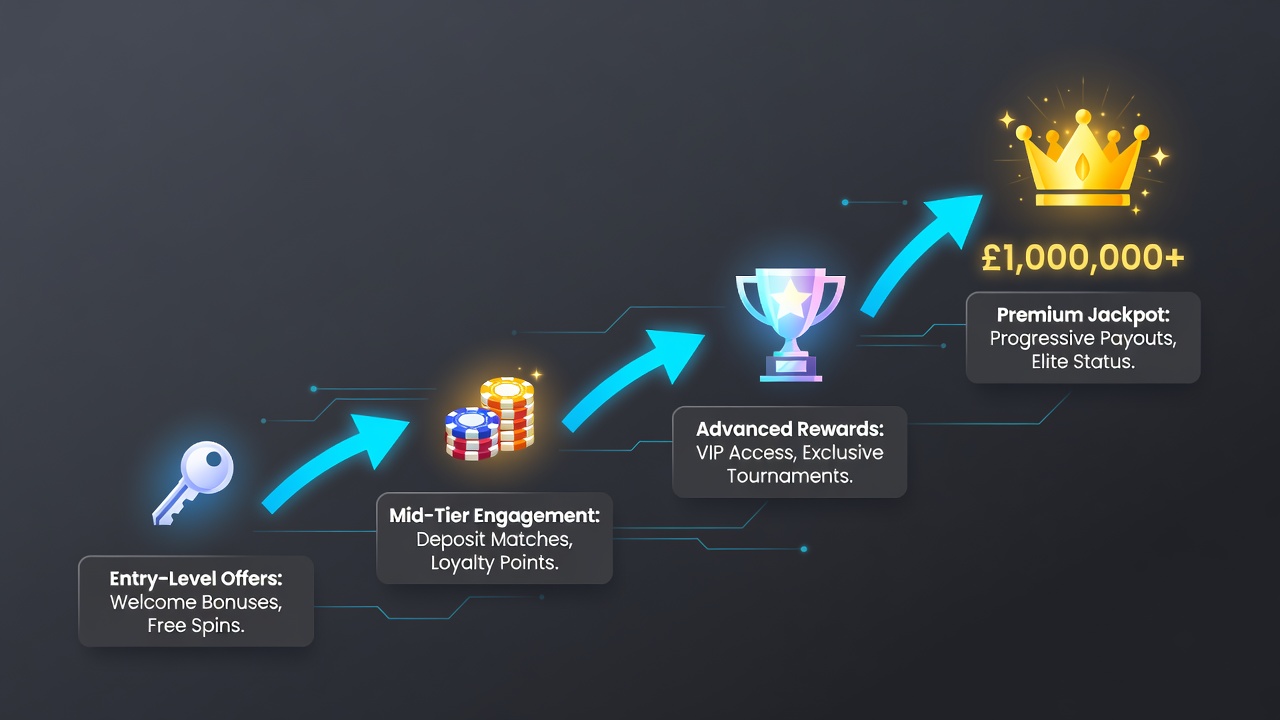 Illustration of mid to high tier transitions in slot incentive pathways with jackpot access indicators