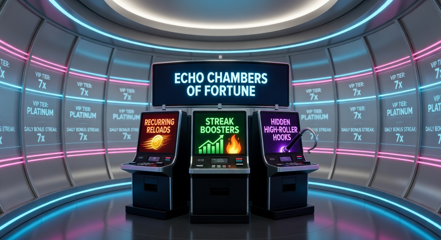 Vibrant digital graphic depicting a looping cycle of slot machine reels, bonus icons, and loyalty reward badges pulling players deeper into a glowing chamber of lights and spins