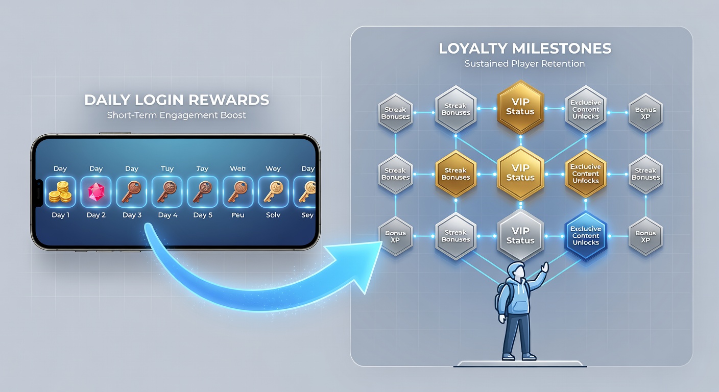 Infographic illustrating loyalty tier progression linked to daily login streaks in a mobile slot game