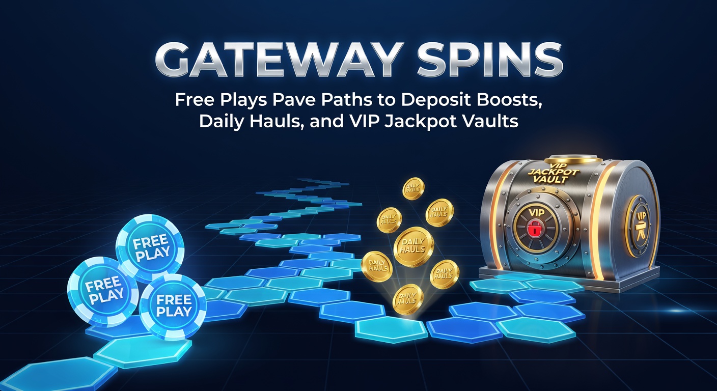 Vibrant slot reels spinning with free play icons transitioning into glowing deposit bonus symbols and jackpot vaults in the background, illustrating the progression path in online gaming