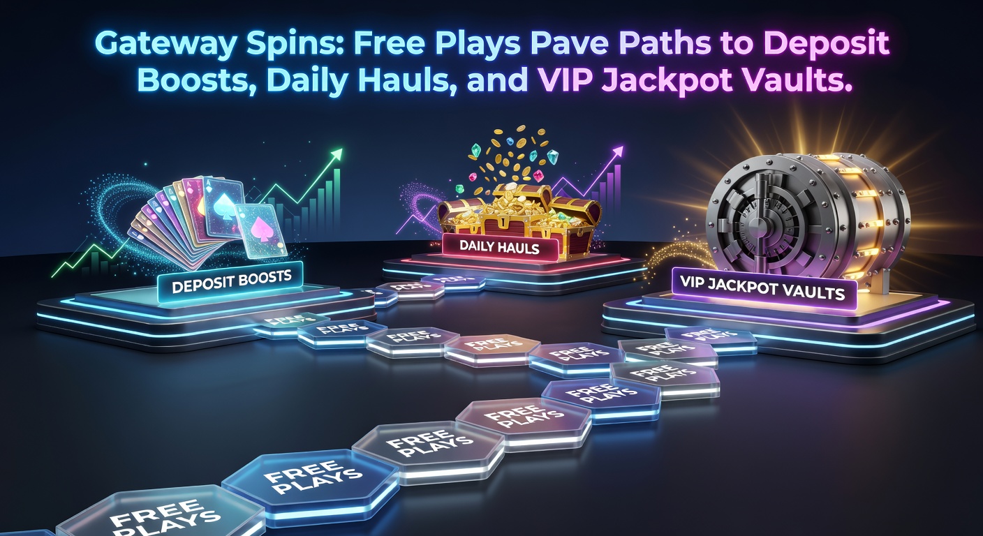Dynamic infographic depicting a pathway from free spin icons to deposit match explosions, daily coin hauls, and a locked VIP jackpot vault unlocking progressively, with slot symbols along the trail