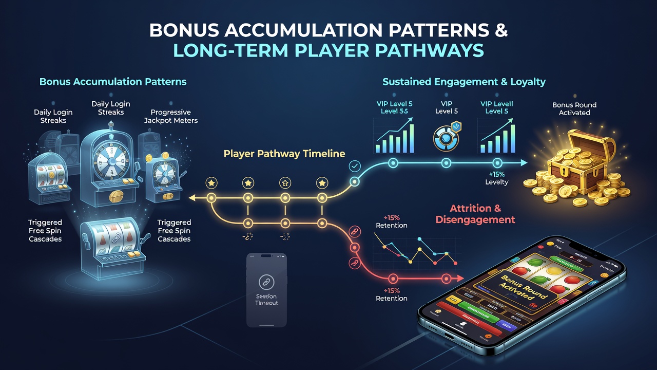 Infographic showing player progression paths from starter bonuses to VIP levels in mobile slots