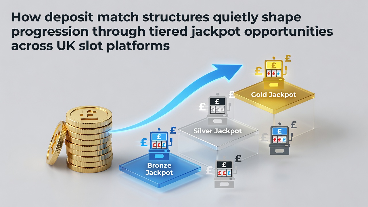 Illustration of deposit match bonuses connecting to tiered jackpot systems on UK slot platforms