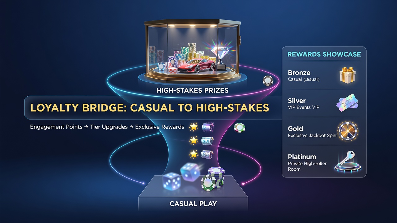 Visual representation of virtual casino loyalty bridging casual gameplay to high-stakes prize opportunities with tiered reward ladders