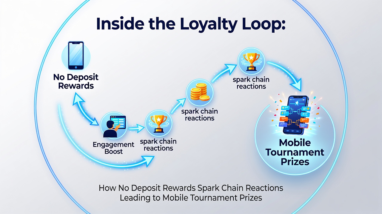 Illustration of slot game interface showing no deposit bonus activation leading into tournament entry screens on mobile devices