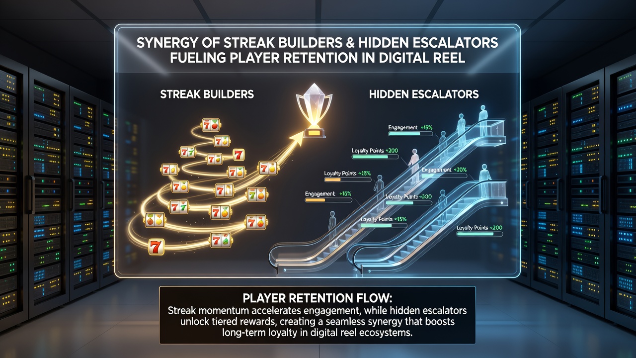 Abstract visualization of interconnected streak counters and ascending reward escalators within a slot ecosystem