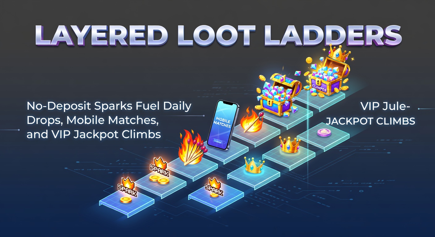 Illustration of a glowing loot ladder with no-deposit coins sparking upward through daily drops, mobile icons, and VIP jackpot crowns
