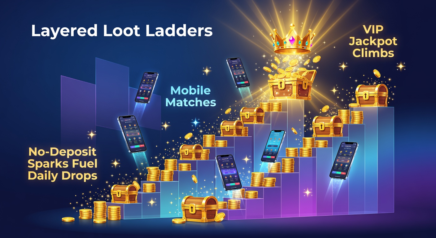 Dynamic graphic showing daily coin drops cascading down a ladder toward mobile phones and jackpot tiers