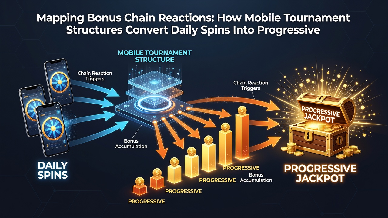 Infographic illustrating bonus chain flow from daily spins through tournament brackets to progressive jackpot accumulation on mobile devices