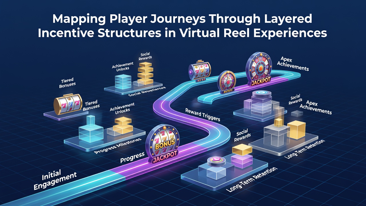 Visualization of layered incentive structures guiding player progression through virtual reel experiences