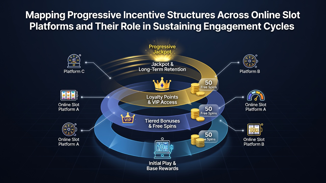Visual mapping of progressive incentive tiers across online slot platforms showing progression from initial bonuses to advanced VIP rewards