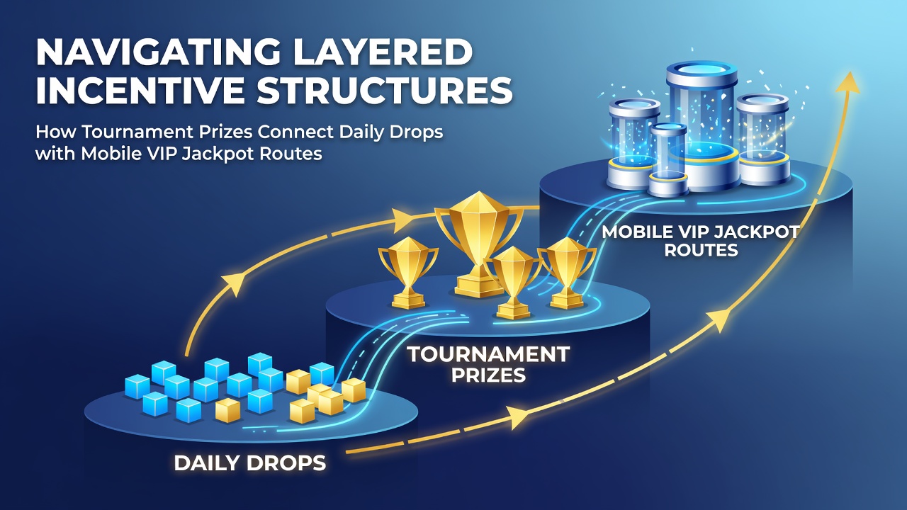 Diagram showing connections between tournament prizes, daily drops, and mobile VIP jackpot routes in slot incentive systems