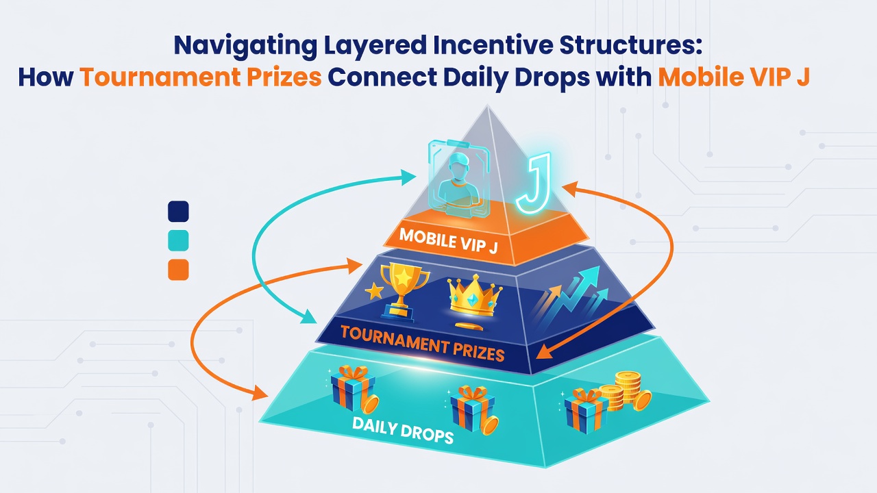 Mobile app interface displaying layered slot rewards including tournament standings, daily drops, and VIP jackpot progress