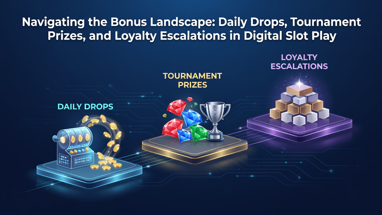 Digital slot interface displaying daily bonus drops and tournament leaderboards