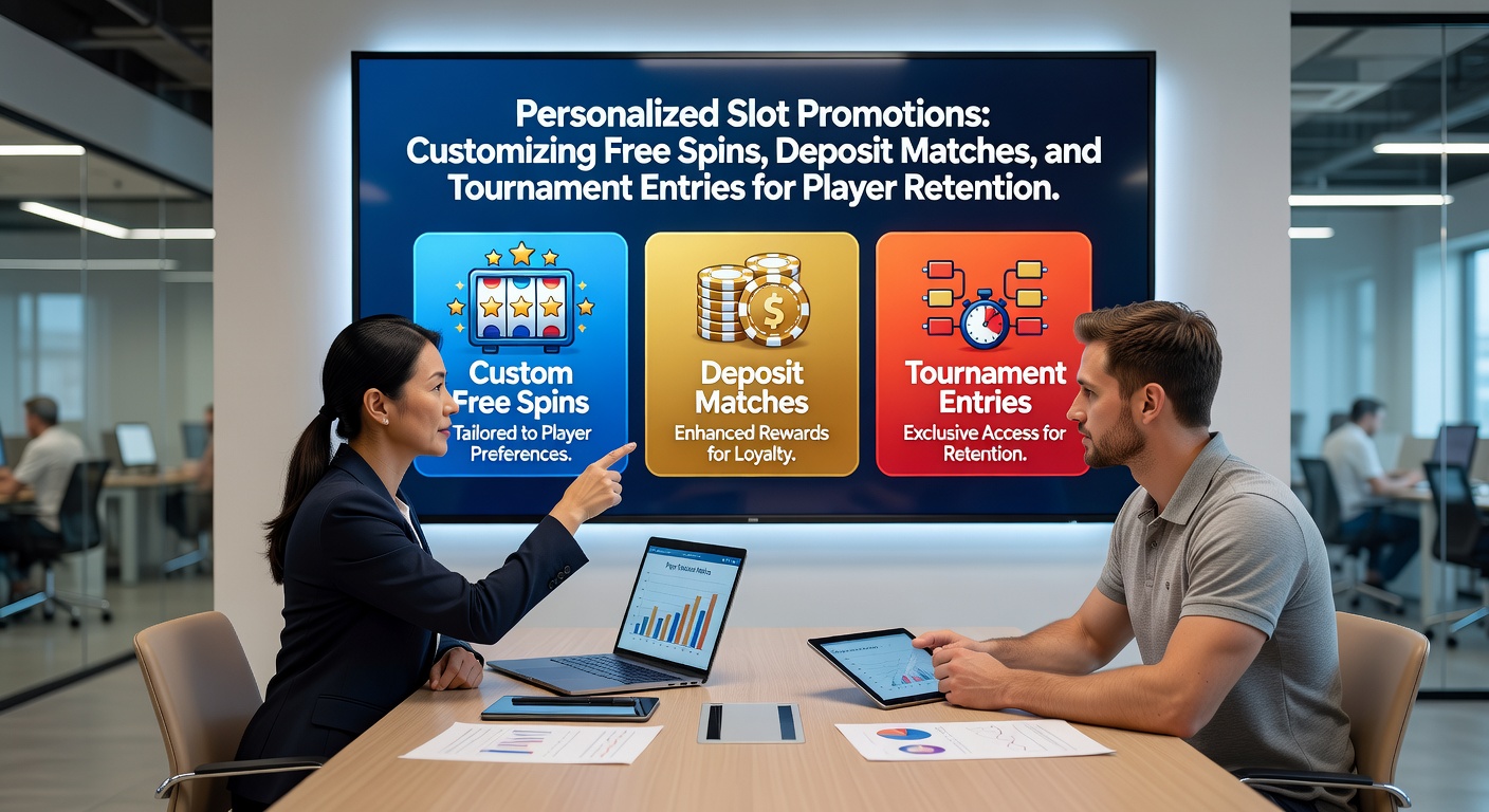 Digital dashboard showing personalized slot promotion analytics with graphs of player retention rates and customized offer previews