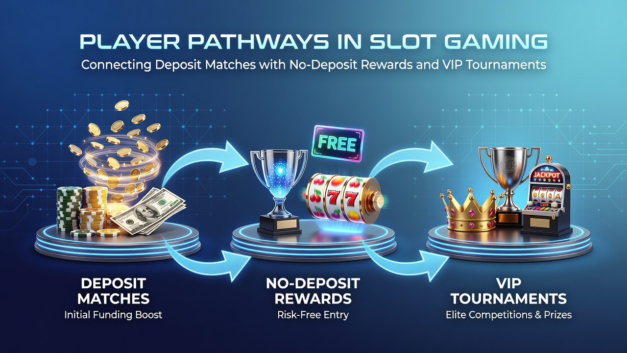 Diagram showing progression from no-deposit rewards to VIP tournaments in mobile slot gaming