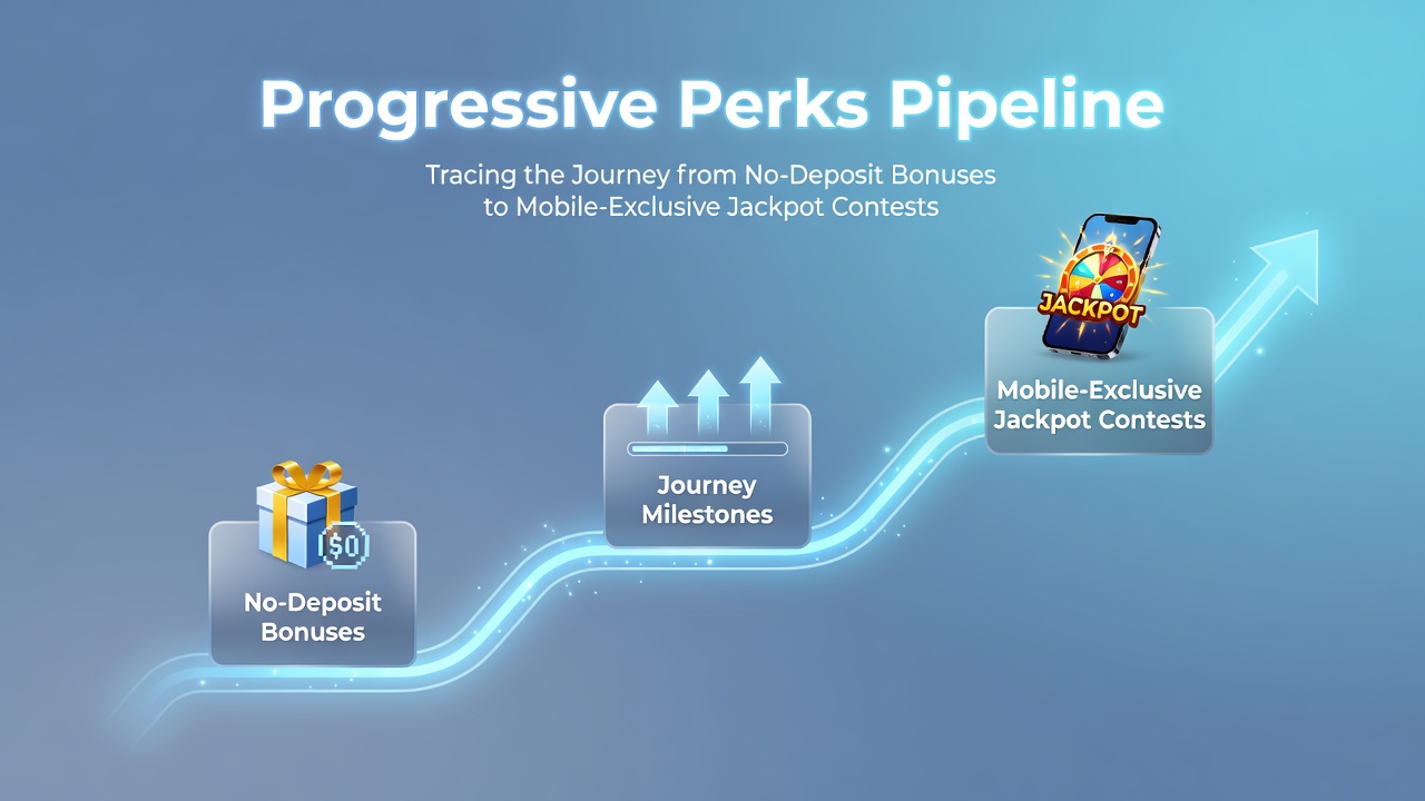 Diagram showing the progression from no-deposit bonuses through deposit matches to mobile jackpot contests in online slots
