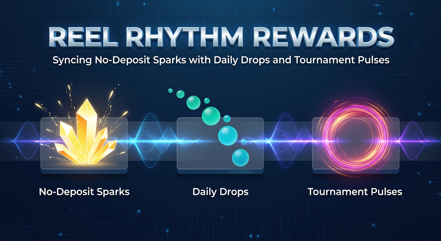 Vibrant graphic showing interconnected slot reward elements: no-deposit free spins igniting daily bonus drops amid pulsing tournament leaderboards