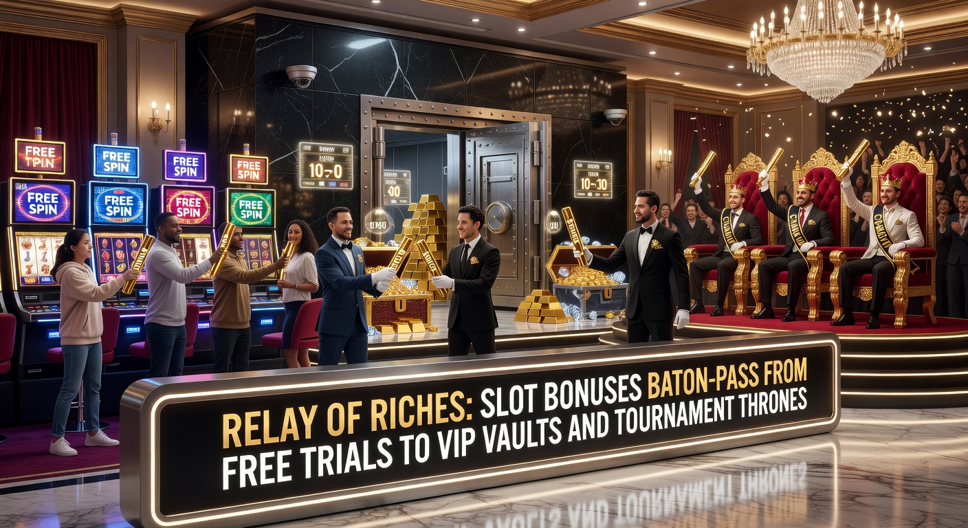 Illustration of a relay race baton pass symbolizing slot bonus progressions from free trials to elite rewards