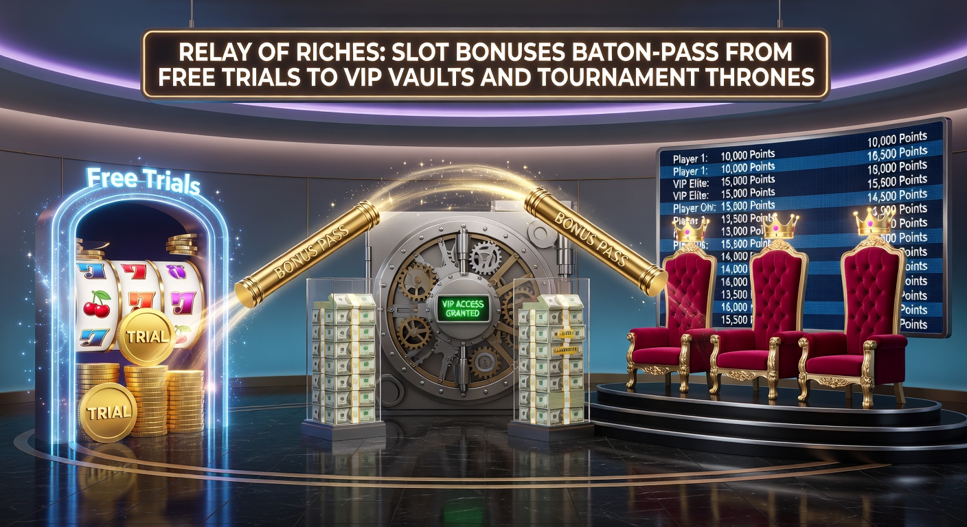 Dynamic graphic depicting slot tournament leaderboards and VIP treasure vaults in a relay-themed progression