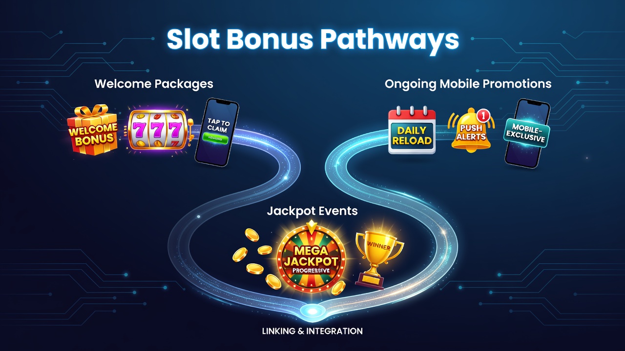 Visual diagram showing the progression from welcome slot bonuses through mobile promotions to jackpot events