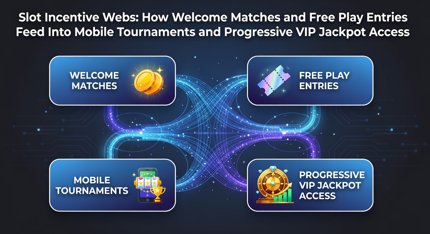 Diagram showing the progression from welcome bonuses and free plays into mobile slot tournaments and VIP jackpot pathways