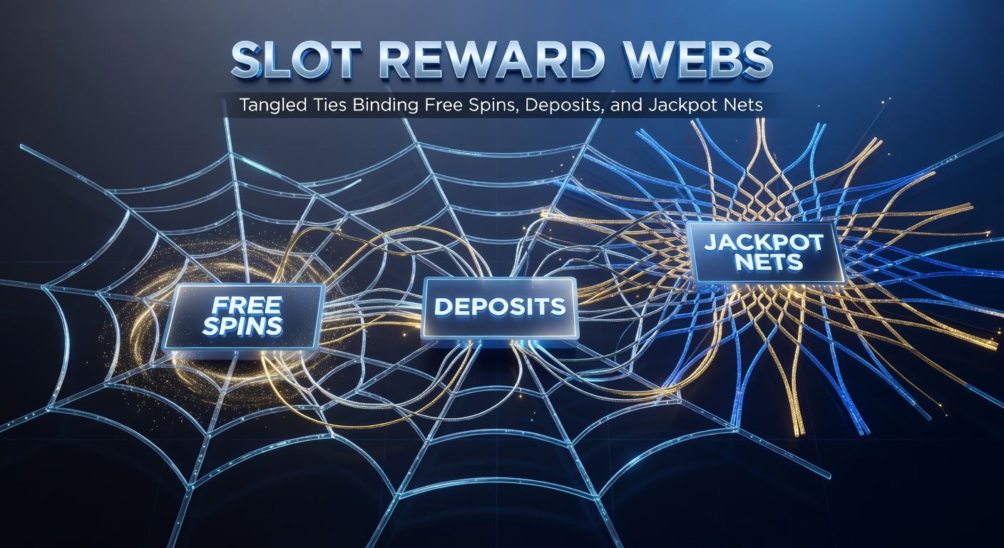 Diagram depicting a web of slot rewards with nodes for free spins, deposit icons, and jackpot pools interconnected by threads