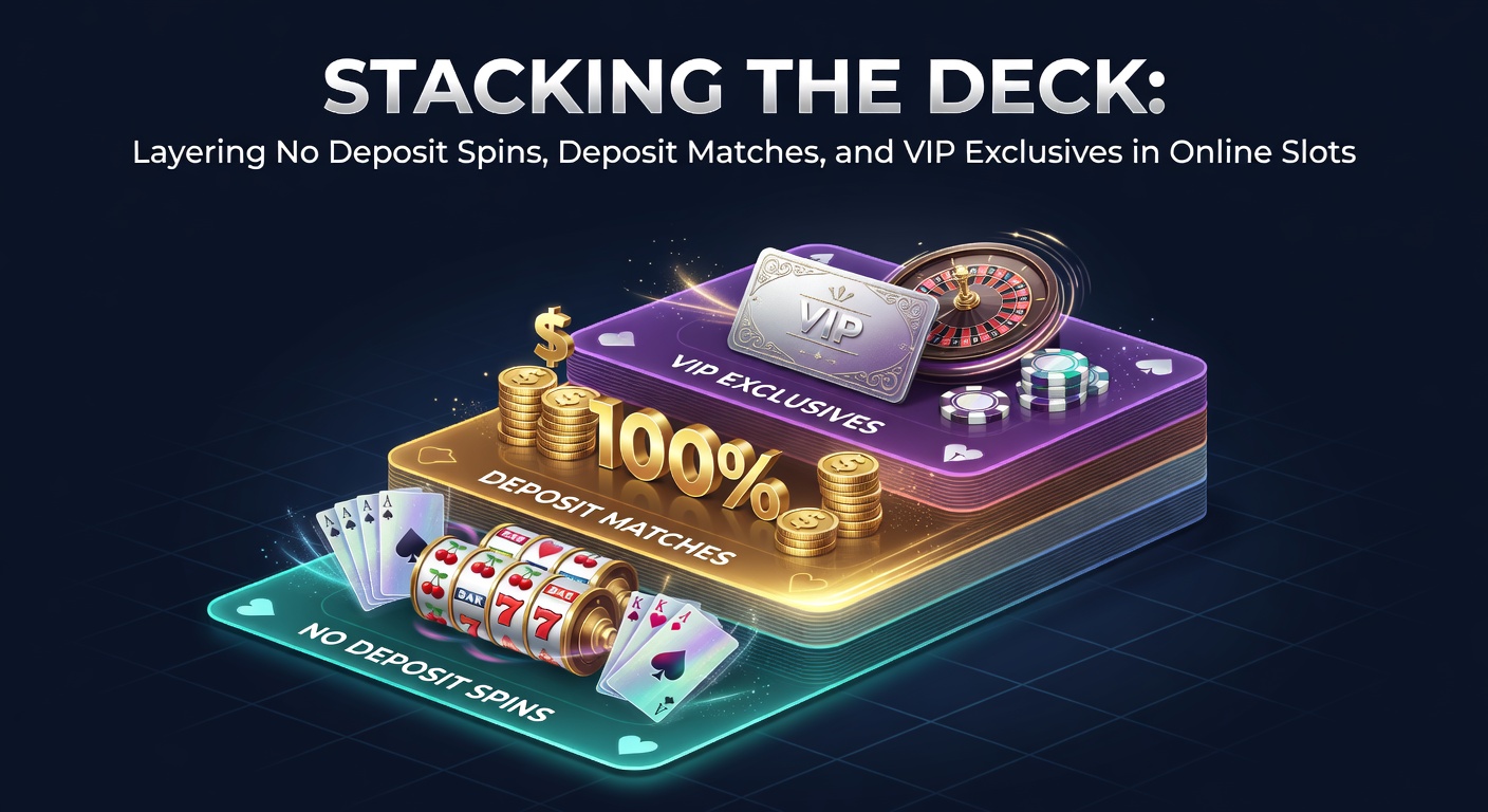 Vibrant illustration of stacked slot machine reels with bonus icons like free spins, match percentages, and VIP crowns layering atop each other