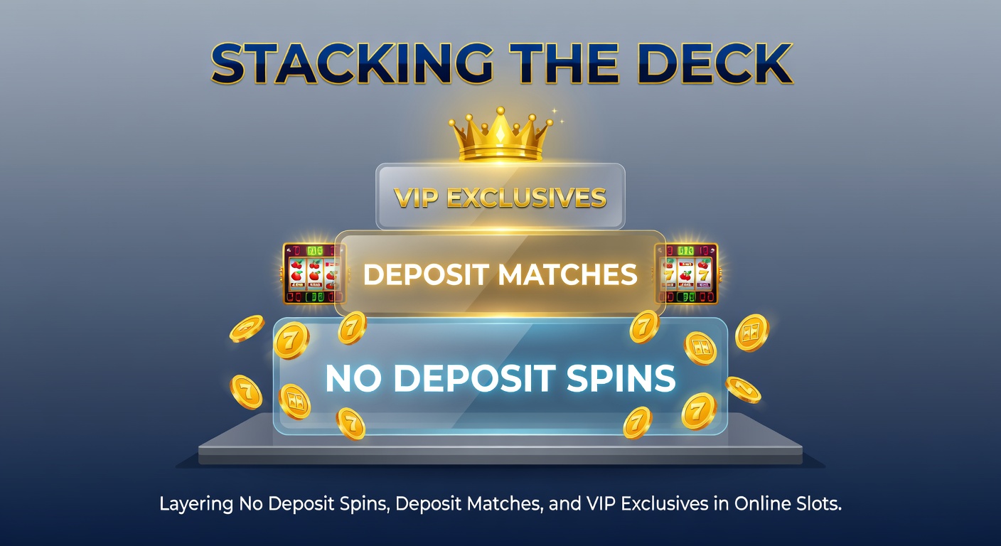 Screenshot of a VIP dashboard showing layered bonuses: no deposit spins tally, active deposit match, and exclusive jackpot entry