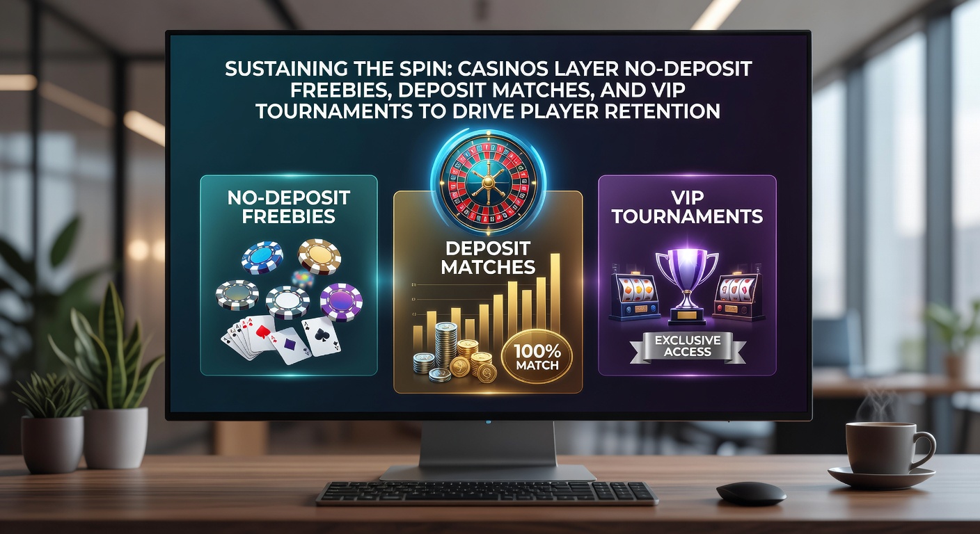 Casino interface showing layered promotions with no-deposit free spins transitioning to deposit match offers and VIP tournament invites