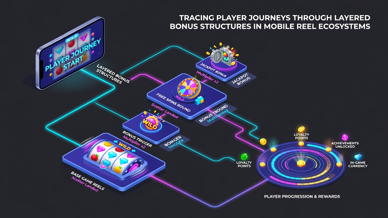 Infographic of player journey stages in mobile slots showing bonus layering from starter to advanced VIP levels