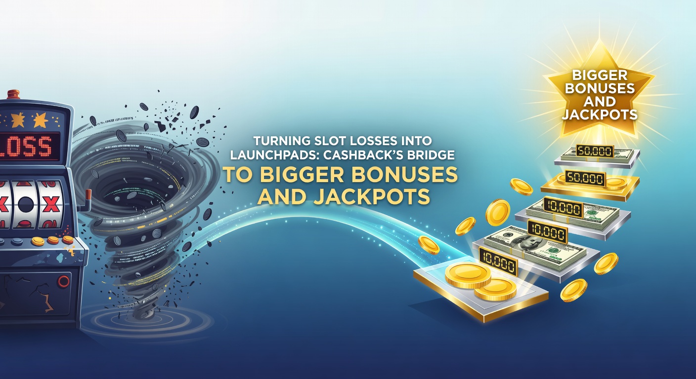 Vibrant slot reels glowing with cashback icons transforming losses into golden opportunities for bonuses and jackpots