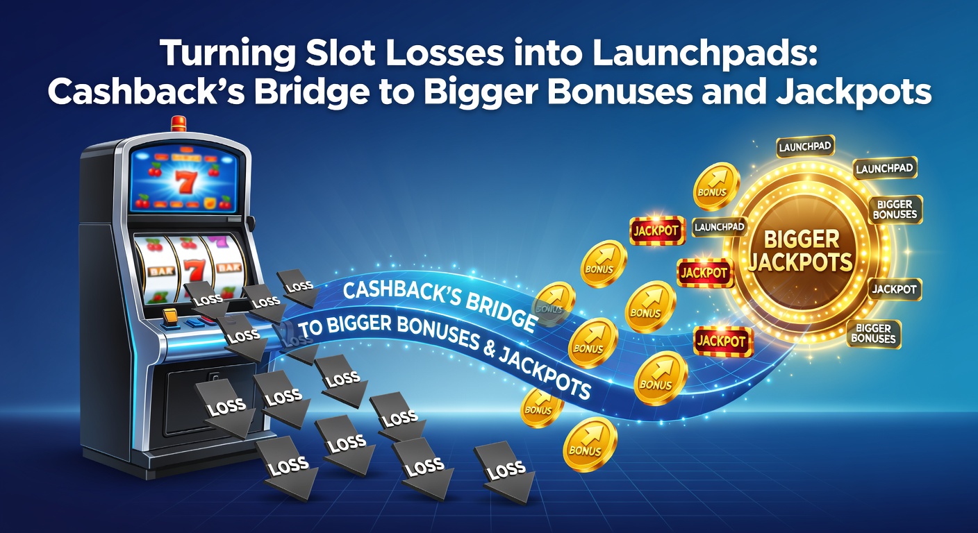 Dynamic graphic showing cashback arrows pointing from slot loss charts to exploding bonus meters and jackpot climbs